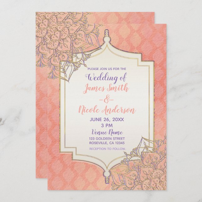 Coral Lavender Gold Moroccan Glam Indian Wedding Invitation (Front/Back)