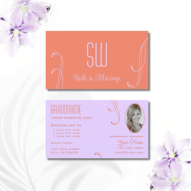 Coral Lavender Ornate with Monogram and Photo Business Card (Creator Uploaded)