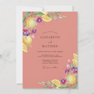 Coral Lemon Citrus Eucalyptus Wedding Invitation