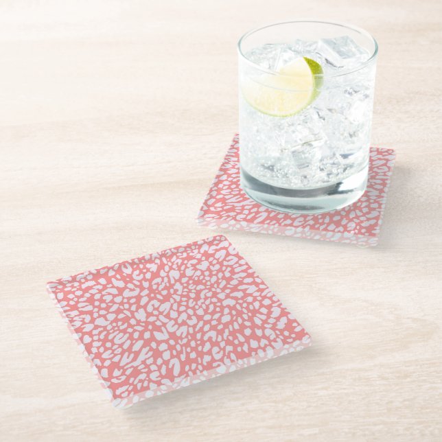Coral Leopard Print Pattern Glass Coaster (Angled)