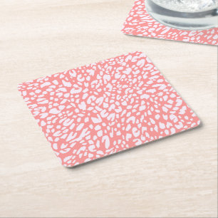 Coral Leopard Print Pattern Square Paper Coaster