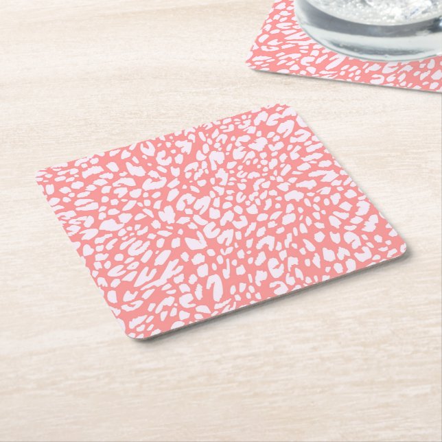 Coral Leopard Print Pattern Square Paper Coaster (Angled)