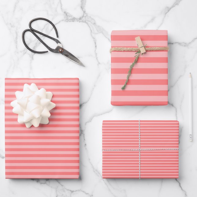 Coral & Light Pink Stripes Wrapping Paper Sheet (Front)