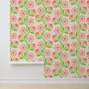 Coral & Lime Floral on Cabana Stripes Wallpaper