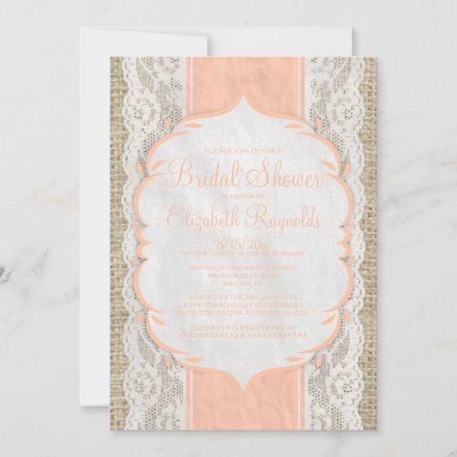 Coral Linen Burlap Lace Bridal Shower Invitations (Front)