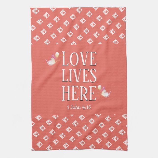Coral | LOVE LIVES HERE | Stylish Customisable Tea Towel (Vertical)