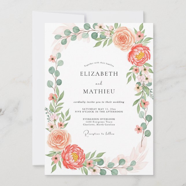 Coral Lush Botanical Spring Wedding Invitation (Front)