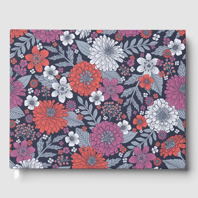 Coral, Magenta & Blue Zinnias Floral Guest Book (Front)