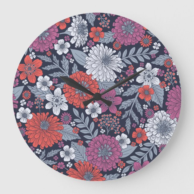 Coral, Magenta & Blue Zinnias Floral Large Clock (Front)