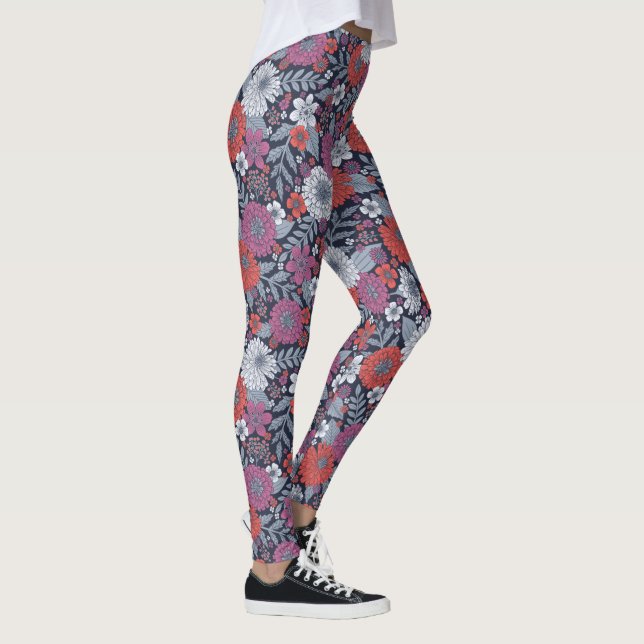 Coral, Magenta & Blue Zinnias Floral Leggings (Right)