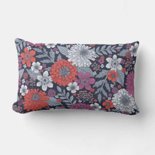Coral, Magenta & Blue Zinnias Floral Lumbar Cushion