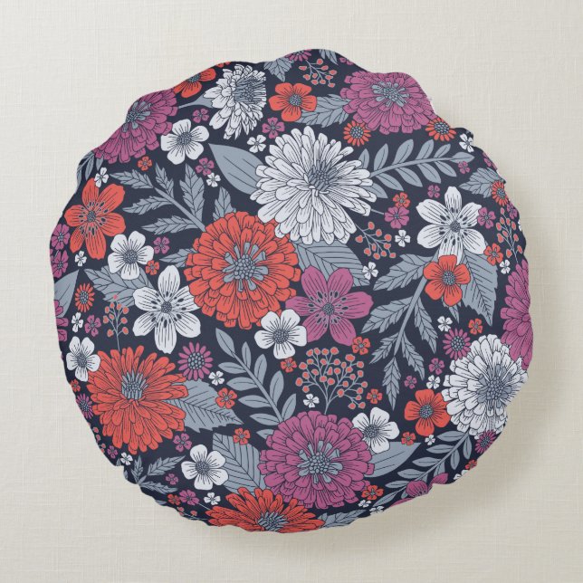 Coral, Magenta & Blue Zinnias Floral Round Cushion (Back)