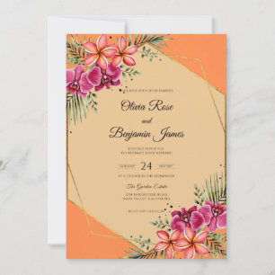 Coral Magenta Hibiscus Muted Eucalyptus Wedding Invitation