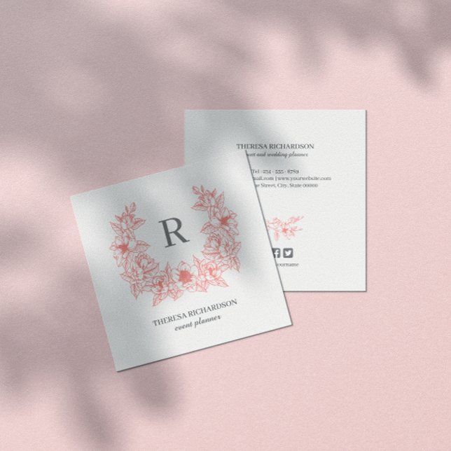 Coral Magnolia Wreath Monogram social media icon Square Business Card (Creator Uploaded)