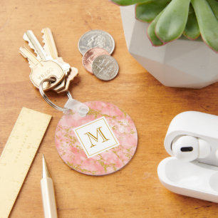 Coral Marble Gold Glitter Elegant Gold Monogram Key Ring