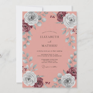 Coral Maroon Foliage Eucalyptus Wedding Invitation