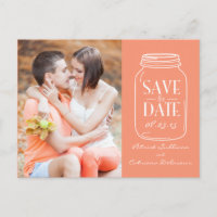 Coral Mason Jar Photo Save the Date Postcard