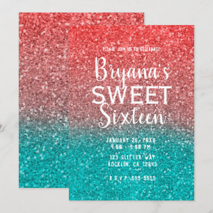 Coral Melon Orange Teal Aqua Glitter Sweet 16 Invitation