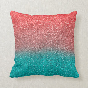 Coral Melon Orange Teal Aqua Green Sparkly Glitter Cushion