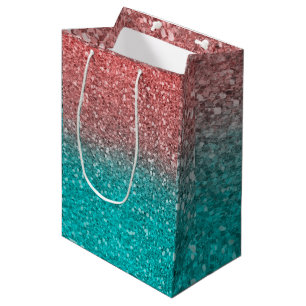 Coral Melon Orange Teal Aqua Green Sparkly Glitter Medium Gift Bag
