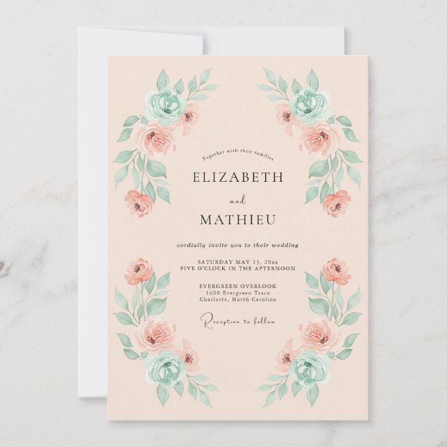 Coral Mint Airy Spring Wedding Invitation (Front)