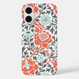 Coral Mint and Grey Retro Floral Damask iPhone 16 Case