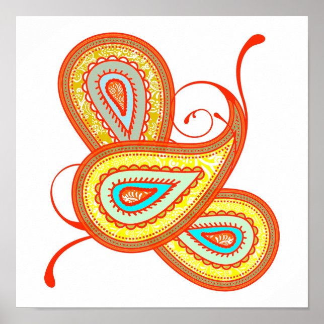 Coral Mint and Yellow Paisley Wedding Poster (Front)