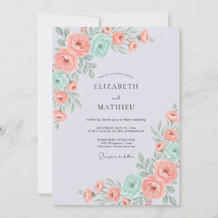 Coral Mint Antique Rose Wedding Invitation