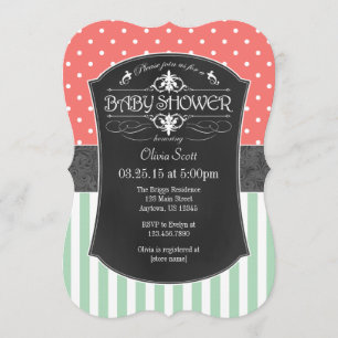 Coral Mint Chalkboard Stripes Baby Shower Invite