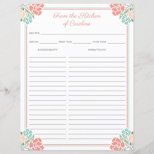 Coral & Mint Floral Cookbook Binder Recipe Sheets (Front)