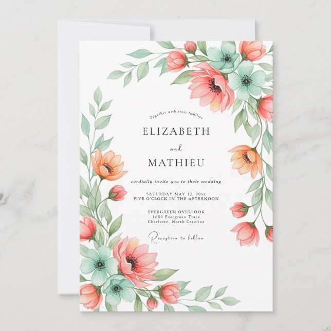 Coral Mint Floral Romance Wedding Invitation (Front)