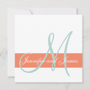 Coral Mint Green Monogram Names Simple Wedding Invitation