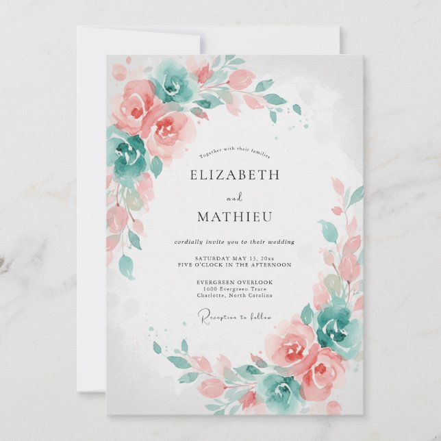Coral Mint Leaf Wedding Invitation (Front)