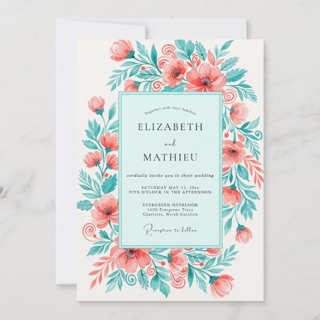 Coral Mint Lively Floral Wedding Invitation (Front)