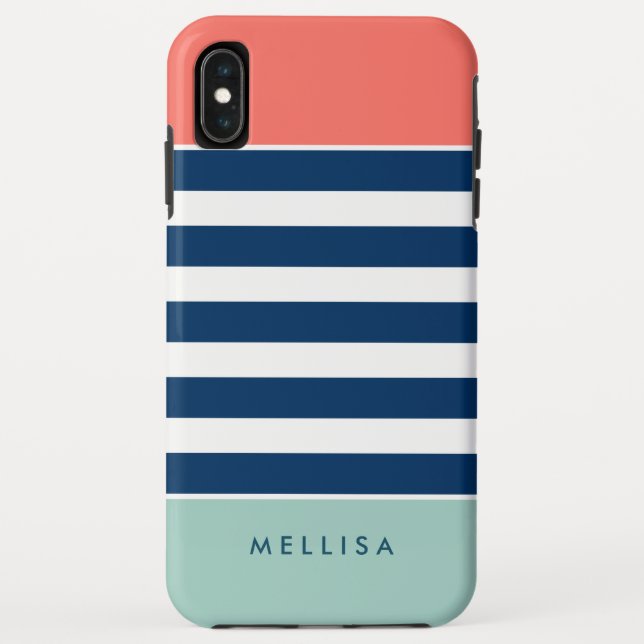 Coral Mint Navy White Stripes - Trendy Stylish Case-Mate iPhone Case (Back)