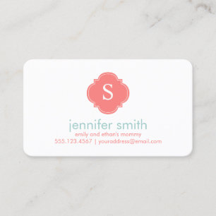 Coral Mint Quatrefoil Monogram Stripes Pattern Calling Card