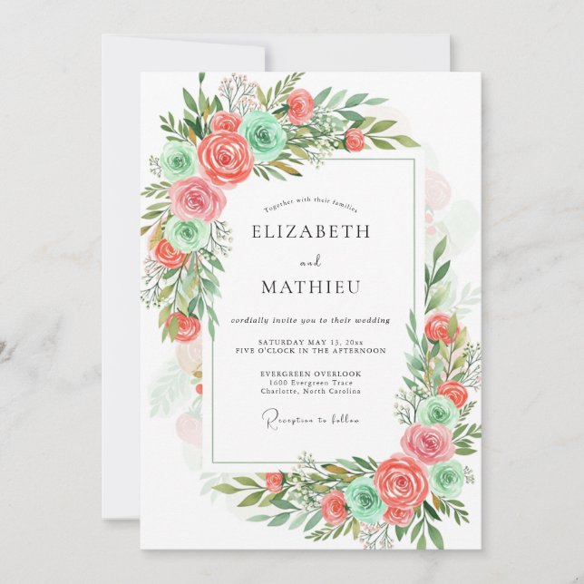 Coral Mint Romantic Floral Wedding Invitation (Front)