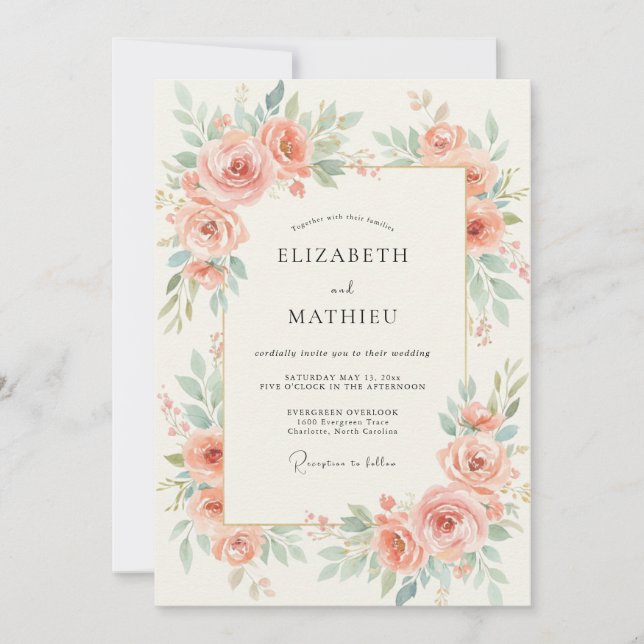 Coral Mint Rose Wedding Invitation (Front)