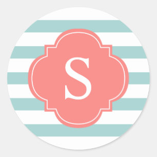 Coral Mint Stripes Pattern Monogram Classic Round Sticker