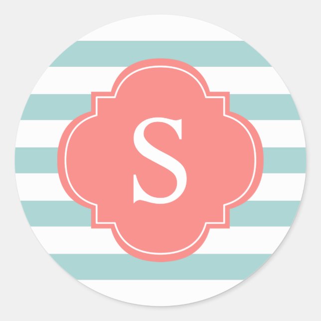 Coral Mint Stripes Pattern Monogram Classic Round Sticker (Front)