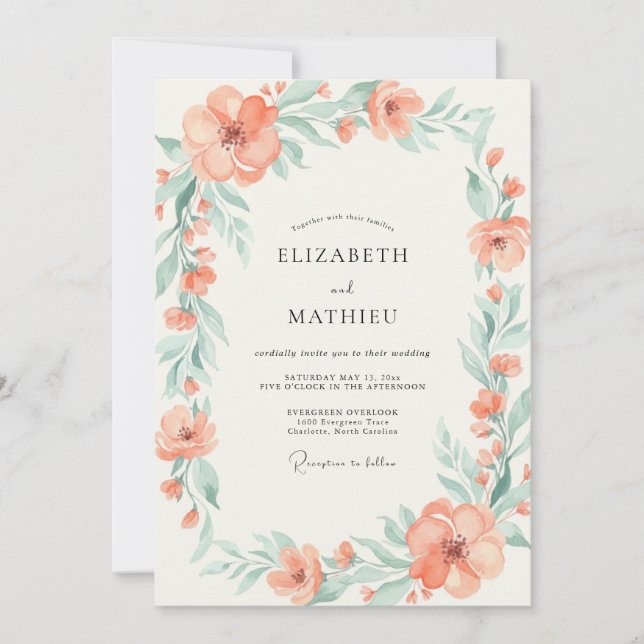 Coral Mint Wreath Wedding Invitation (Front)