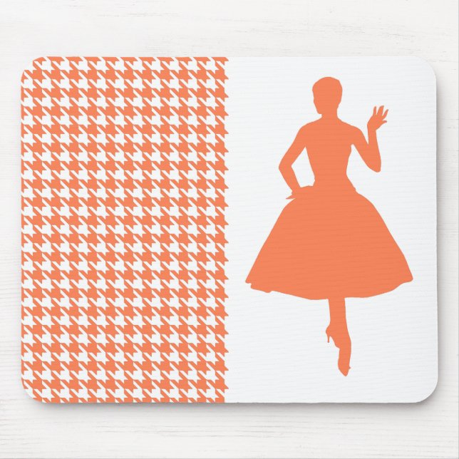 Coral Modern Houndstooth w/ Fashion Silhouette Mouse Pad (Front)