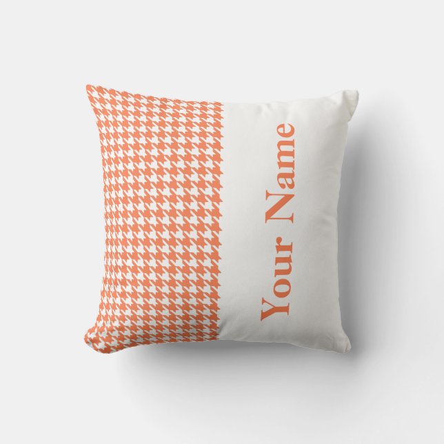 Coral Modern Houndstooth with Name Cushion (Front)