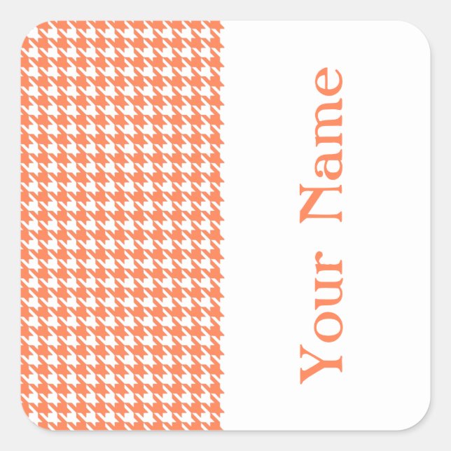 Coral Modern Houndstooth with name Square Sticker (Front)