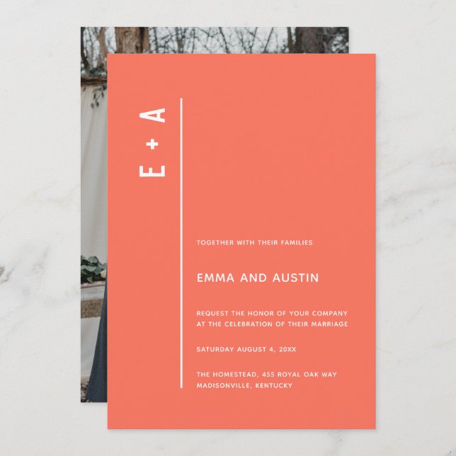 Coral Modern Minimalist Initials Photo Wedding Invitation (Front/Back)