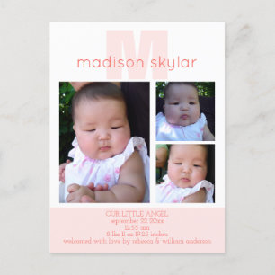 Coral Modern Monogram Simple 3 Photo Collage Announcement Postcard