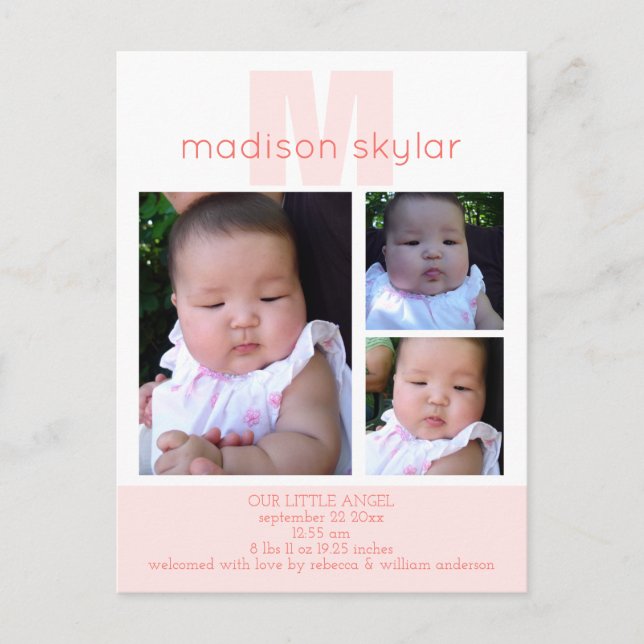 Coral Modern Monogram Simple 3 Photo Collage Announcement Postcard (Front)