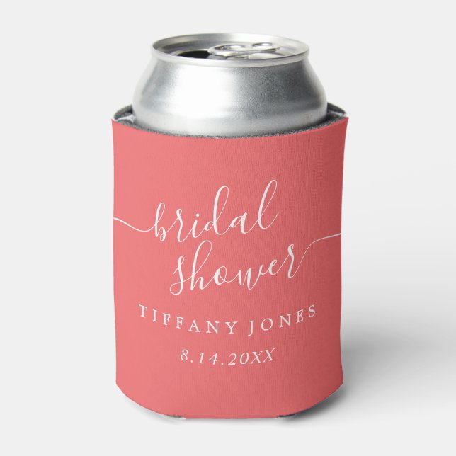 Coral Modern Script Bridal Shower Can Cooler (Can Front)