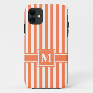Coral Modern Stripe with Monogram iPhone 11 Case