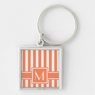 Coral Modern Stripe with Monogram Key Ring